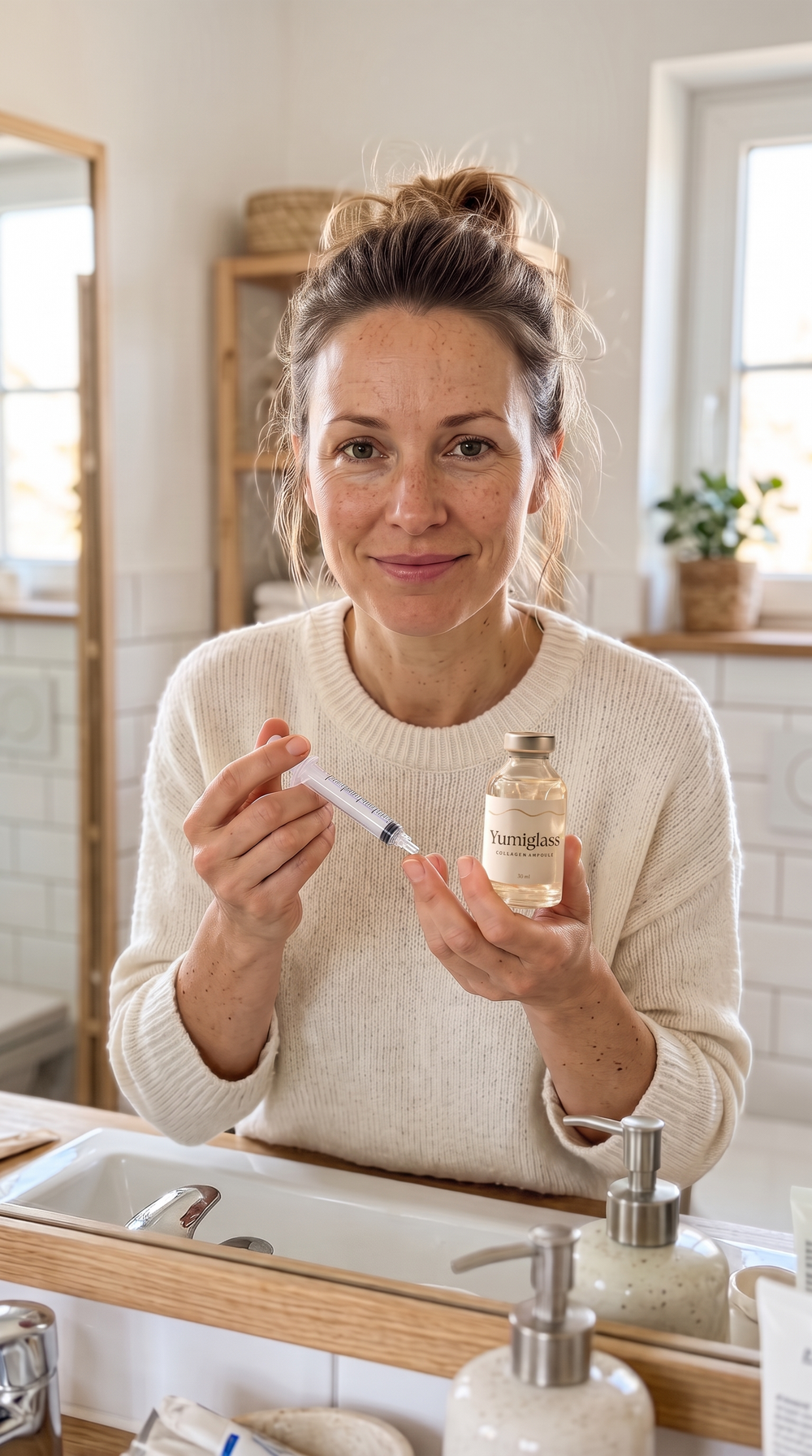 Application de l'ampoule Yumiglass devant le lavabo